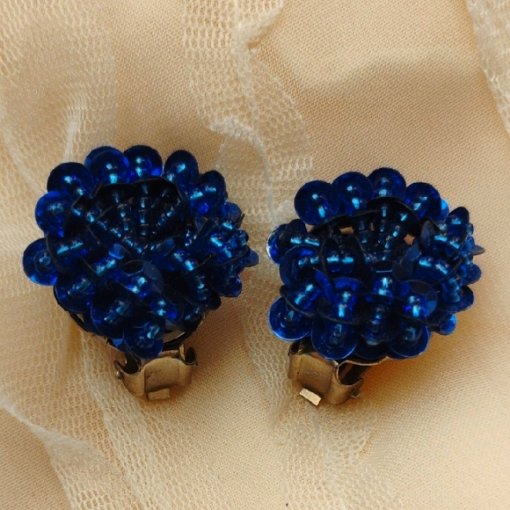 Festive Blue Beaded Sequin Clip-On Earrings